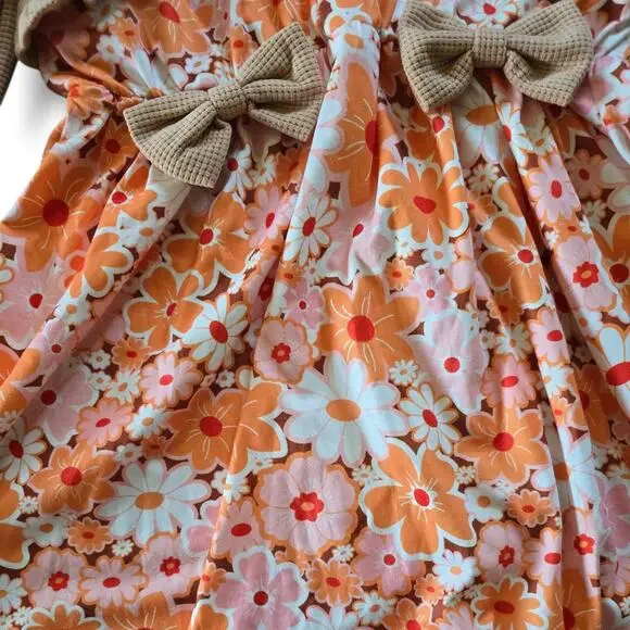 Vintage Style Floral Girls Dress with Bolero Cardigan Size 120 (6-7) Orange - Picture 4 of 6